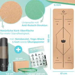 KESSER® Yogamatte Kork Inkl. Tragegurt Tasche & Yoga-Block Gymnastikmatte Yoga Matte rutschfest aus Naturkautschuk TPE Fitnessmatte, 183 x 62 Trainingsmatte für Fitness Sportmatte, Gymnastik extradick