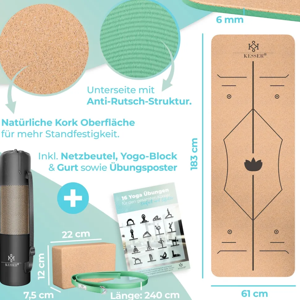 KESSER® Yogamatte Kork Inkl. Tragegurt Tasche & Yoga-Block Gymnastikmatte Yoga Matte rutschfest aus Naturkautschuk TPE Fitnessmatte, 183 x 62 Trainingsmatte für Fitness Sportmatte, Gymnastik extradick