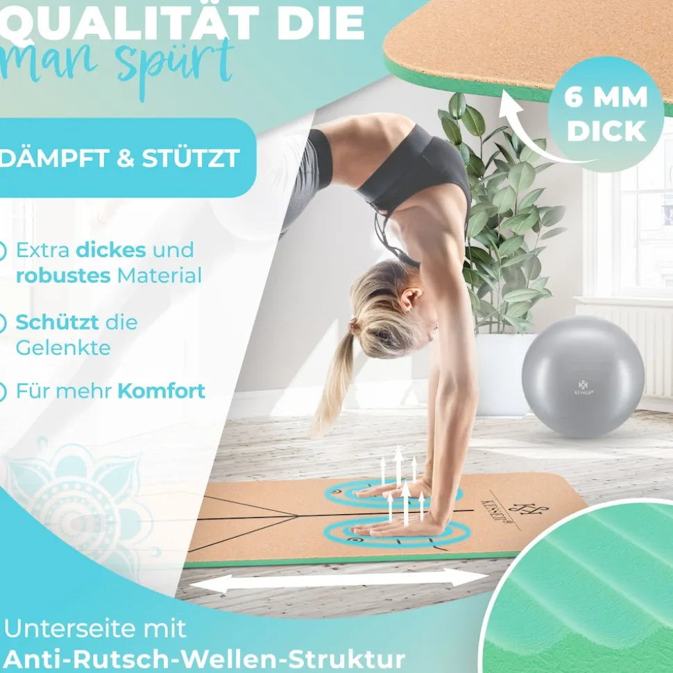 KESSER® Yogamatte Kork Inkl. Tragegurt Tasche & Yoga-Block Gymnastikmatte Yoga Matte rutschfest aus Naturkautschuk TPE Fitnessmatte, 183 x 62 Trainingsmatte für Fitness Sportmatte, Gymnastik extradick