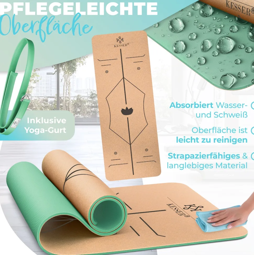 KESSER® Yogamatte Kork Inkl. Tragegurt Tasche & Yoga-Block Gymnastikmatte Yoga Matte rutschfest aus Naturkautschuk TPE Fitnessmatte, 183 x 62 Trainingsmatte für Fitness Sportmatte, Gymnastik extradick