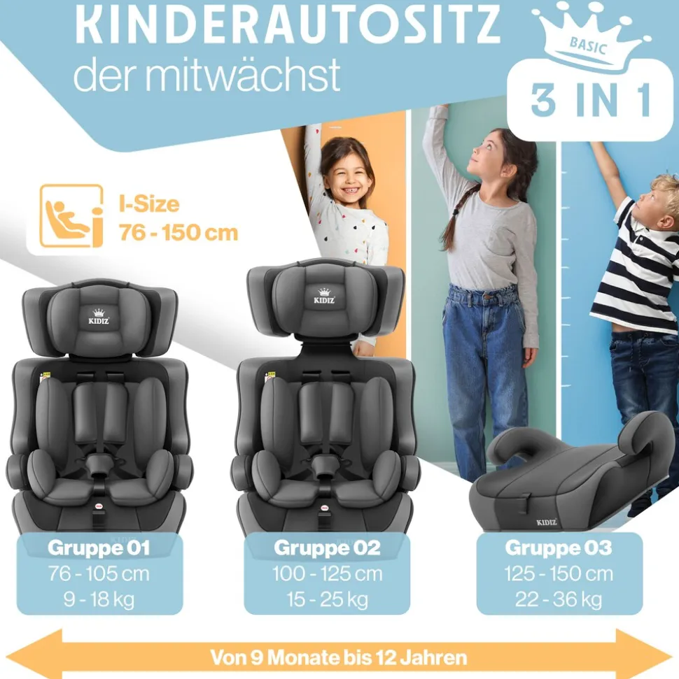 KIDIZ® Autokindersitz Kinderautositz Gruppe 1+2+3 9-36 kg 5-Punkt-Sicherheitsgurt, Autositz, Kindersitz, Einstellbare Kopfstütze