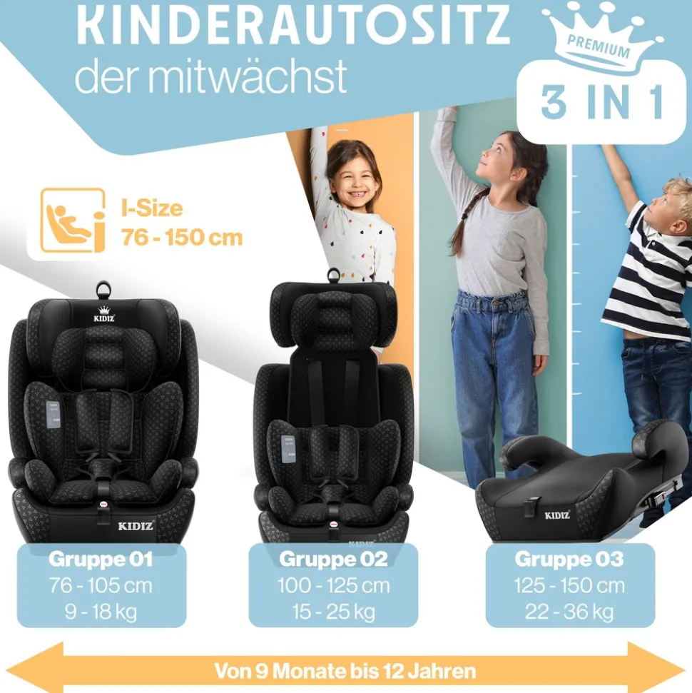 KIDIZ® Autokindersitz Triangle Premium Kindersitz mit Isofix Kinderautositz | Autositz Sitzschale | 9 kg - 36 kg 1-12 Jahre | Gruppe 1/2/3 | universal | zugelassen nach ECE R129/03