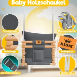 KIDIZ® Babyschaukel Kinderschaukel Schaukelsitz mit Polsterung | Holz-Schaukel mit Anti-Kipp bis 60KG | Höhenverstellbar Indoor & Outdoor | 0,5 - 3 Jahre | Montagezubehör & Sicherheitsgurt