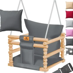 KIDIZ® Babyschaukel Kinderschaukel Schaukelsitz mit Polsterung | Holz-Schaukel mit Anti-Kipp bis 60KG | Höhenverstellbar Indoor & Outdoor | 0,5 - 3 Jahre | Montagezubehör & Sicherheitsgurt