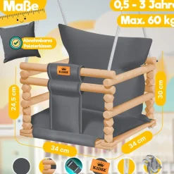 KIDIZ® Babyschaukel Kinderschaukel Schaukelsitz mit Polsterung | Holz-Schaukel mit Anti-Kipp bis 60KG | Höhenverstellbar Indoor & Outdoor | 0,5 - 3 Jahre | Montagezubehör & Sicherheitsgurt