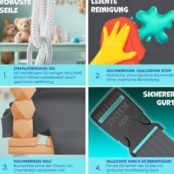 KIDIZ® Babyschaukel Kinderschaukel Schaukelsitz mit Polsterung | Holz-Schaukel mit Anti-Kipp bis 60KG | Höhenverstellbar Indoor & Outdoor | 0,5 - 3 Jahre | Montagezubehör & Sicherheitsgurt