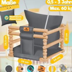KIDIZ® Babyschaukel Kinderschaukel Schaukelsitz mit Polsterung | Holz-Schaukel mit Anti-Kipp bis 60KG | Höhenverstellbar Indoor & Outdoor | 0,5 - 3 Jahre | Montagezubehör & Sicherheitsgurt