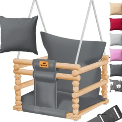 KIDIZ® Babyschaukel Kinderschaukel Schaukelsitz mit Polsterung | Holz-Schaukel mit Anti-Kipp bis 60KG | Höhenverstellbar Indoor & Outdoor | 0,5 - 3 Jahre | Montagezubehör & Sicherheitsgurt