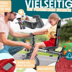 KIDIZ® Dreirad 5in1 Kinderdreirad mit Schubstange Lenksystem Stange ab 1 Jahr vorwärts und Rückwärtsfahrt Jogger , Korb Tasche Getränkehalter Sonnendach Gummiräder, Buggy Fahrrad Baby Klappbar