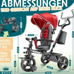 KIDIZ® Dreirad 5in1 Kinderdreirad mit Schubstange Lenksystem Stange ab 1 Jahr vorwärts und Rückwärtsfahrt Jogger , Korb Tasche Getränkehalter Sonnendach Gummiräder, Buggy Fahrrad Baby Klappbar