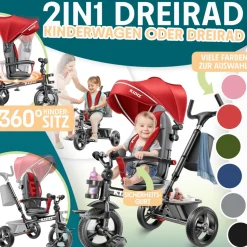 KIDIZ® Dreirad 5in1 Kinderdreirad mit Schubstange Lenksystem Stange ab 1 Jahr vorwärts und Rückwärtsfahrt Jogger , Korb Tasche Getränkehalter Sonnendach Gummiräder, Buggy Fahrrad Baby Klappbar