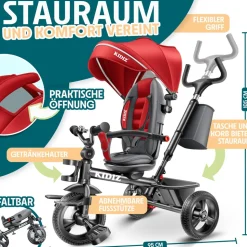 KIDIZ® Dreirad 5in1 Kinderdreirad mit Schubstange Lenksystem Stange ab 1 Jahr vorwärts und Rückwärtsfahrt Jogger , Korb Tasche Getränkehalter Sonnendach Gummiräder, Buggy Fahrrad Baby Klappbar