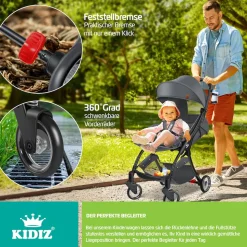 KIDIZ® Kinderwagen Premium Kinderbuggy klappbar Liegebuggy Sportwagen Faltbar 360°Räder 5-Punkt Gurt Inkl. Getränkehalter & Regenabdeckung, verstellbare Rückenlehne & Sonnenverdeck