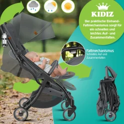 KIDIZ® Kinderwagen Premium Kinderbuggy klappbar Liegebuggy Sportwagen Faltbar 360°Räder 5-Punkt Gurt Inkl. Getränkehalter & Regenabdeckung, verstellbare Rückenlehne & Sonnenverdeck