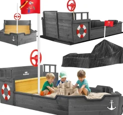KIDIZ® Sandkasten Ahoi - Piratenschiff Boot Segelschiff aus Holz Inkl. Abdeckung, Bodenplane, Sitzbank, Flaggenmast, Sandspielzeug | Große Kinder Sandkiste für den Garten | Outdoor Sandbox