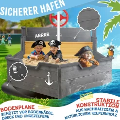 KIDIZ® Sandkasten Ahoi - Piratenschiff Boot Segelschiff aus Holz Inkl. Abdeckung, Bodenplane, Sitzbank, Flaggenmast, Sandspielzeug | Große Kinder Sandkiste für den Garten | Outdoor Sandbox
