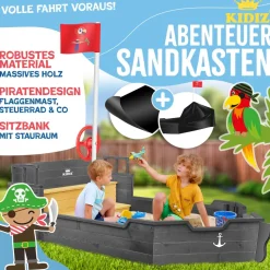 KIDIZ® Sandkasten Ahoi - Piratenschiff Boot Segelschiff aus Holz Inkl. Abdeckung, Bodenplane, Sitzbank, Flaggenmast, Sandspielzeug | Große Kinder Sandkiste für den Garten | Outdoor Sandbox