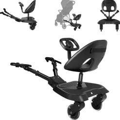 Kikkaboo Kinderwagen Trittbrett Ally mit Sitz universal, 2-Punkt-Gurt, Lenkrad schwarz