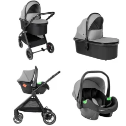 Kikka boo Kombikinderwagen Ava 3 in 1 Babywanne, Babyschale, Gummiräder, Tasche grau