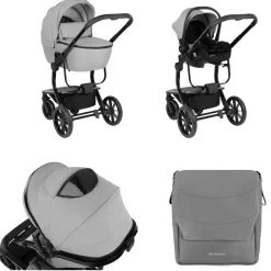 Kikkaboo Kombikinderwagen Irene 3 in 1 Babywanne Autositz Adapter Wickeltasche grau hellgrau