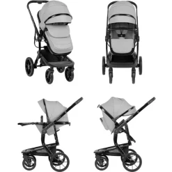 Kikkaboo Kombikinderwagen Irene 3 in 1 Babywanne Autositz Adapter Wickeltasche grau hellgrau