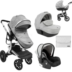 Kikkaboo Kombikinderwagen Irene 3 in 1 Babywanne Autositz Adapter Wickeltasche grau hellgrau