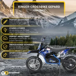Kinder-Crossbike Gepard, Elektro-Kindermotorrad, 500 Watt, bis 24 km/h, verstärkte Gabel, ab 8 J. (Blau)
