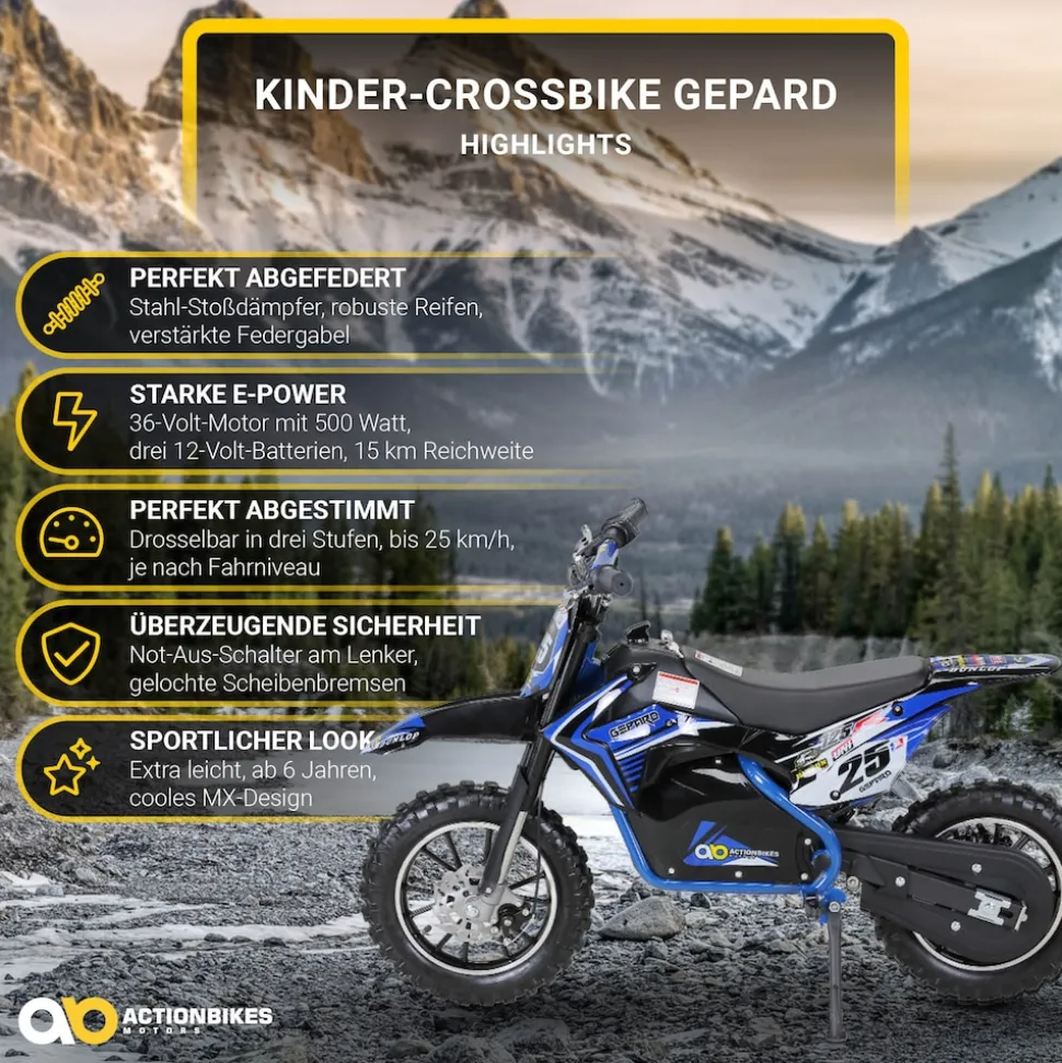 Kinder-Crossbike Gepard, Elektro-Kindermotorrad, 500 Watt, bis 24 km/h, verstärkte Gabel, ab 8 J. (Blau)