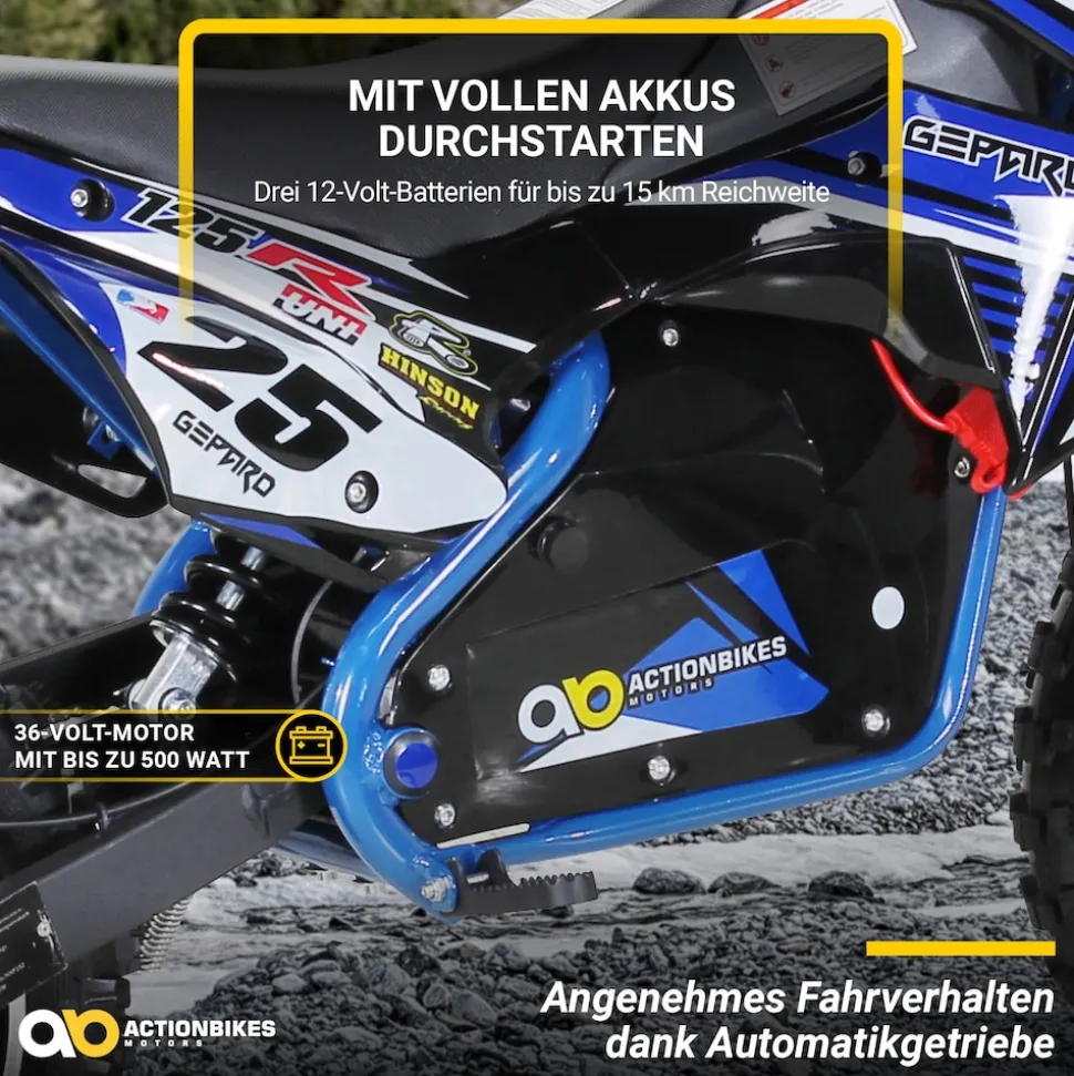 Kinder-Crossbike Gepard, Elektro-Kindermotorrad, 500 Watt, bis 24 km/h, verstärkte Gabel, ab 8 J. (Blau)