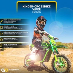 Kinder-Crossbike Viper, Elektro-Kindermotorrad, 1000 Watt, bis 24 km/h, Scheibenbremsen, ab 8 Jahren (Schwarz)