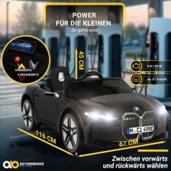 Kinder-Elektroauto BMW i4, Fernbedienung, LED-Beleuchtung, Soft-Start-Funktion (Schwarz)