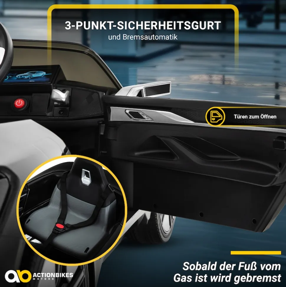 Kinder-Elektroauto BMW i4, Fernbedienung, LED-Beleuchtung, Soft-Start-Funktion (Schwarz)