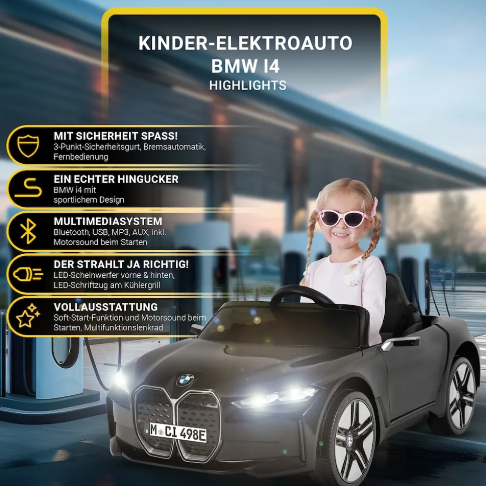 Kinder-Elektroauto BMW i4, Fernbedienung, LED-Beleuchtung, Soft-Start-Funktion (Schwarz)