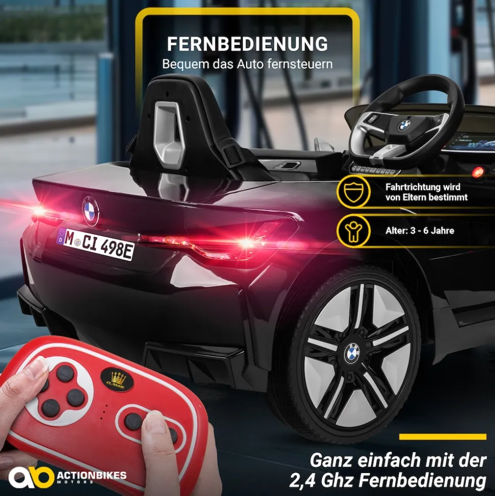 Kinder-Elektroauto BMW i4, Fernbedienung, LED-Beleuchtung, Soft-Start-Funktion (Schwarz)
