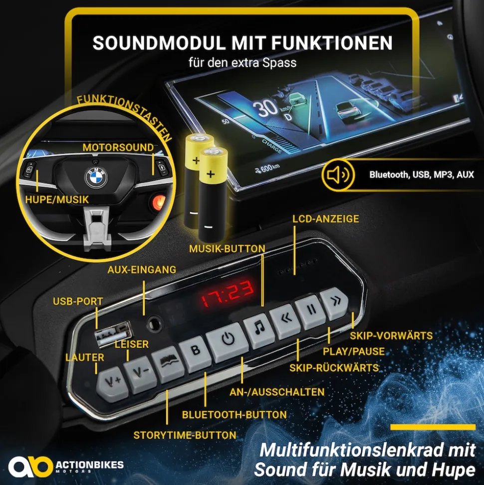 Kinder-Elektroauto BMW i4, Fernbedienung, LED-Beleuchtung, Soft-Start-Funktion (Schwarz)