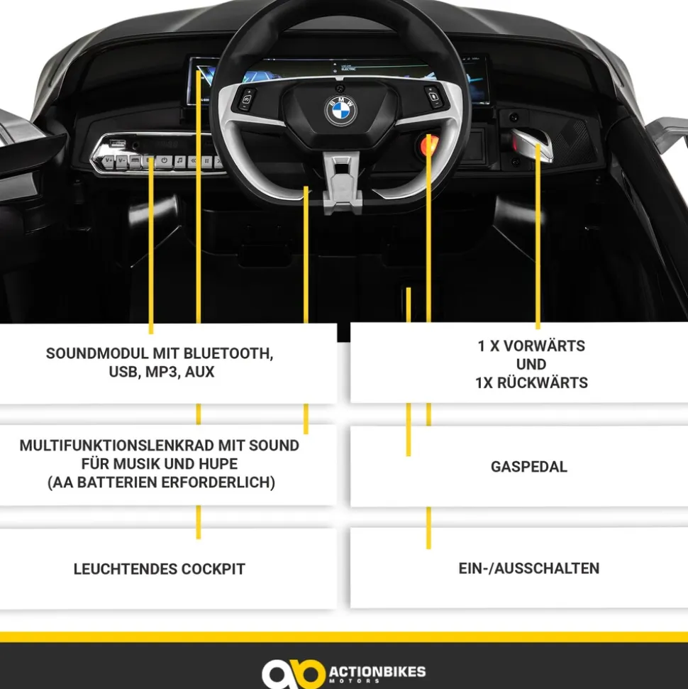 Kinder-Elektroauto BMW i4, Fernbedienung, LED-Beleuchtung, Soft-Start-Funktion (Schwarz)