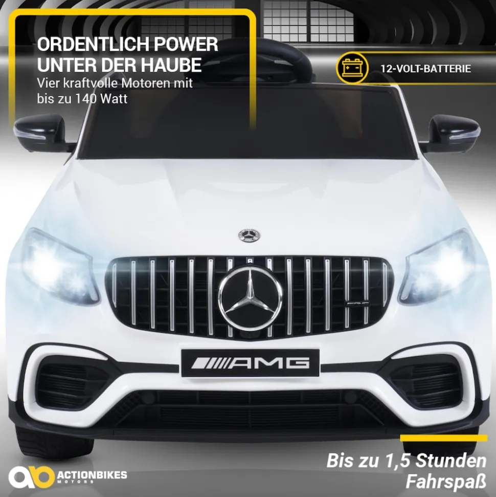 Kinder-Elektroauto Mercedes AMG GLC 63S Coupé, 4x4-Antrieb, Fernbedienung, 140 Watt, LED, EVA-Reifen (Weiß)