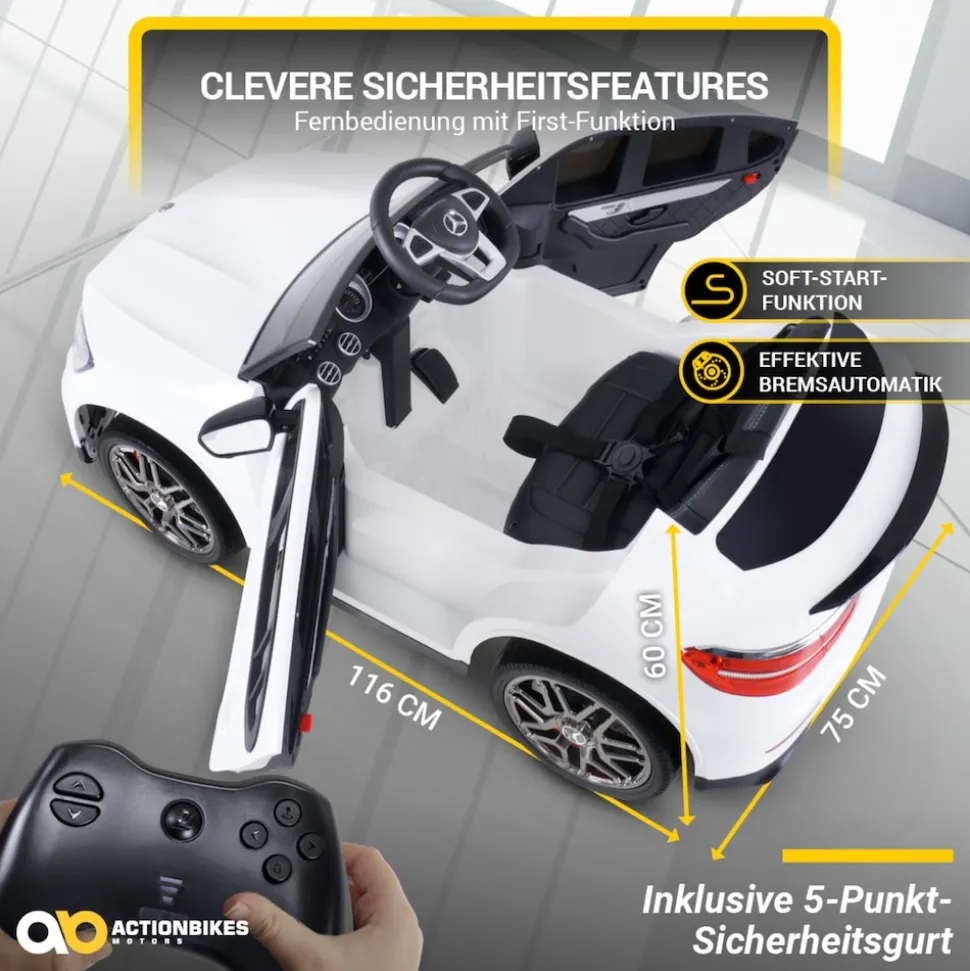 Kinder-Elektroauto Mercedes AMG GLC 63S Coupé, 4x4-Antrieb, Fernbedienung, 140 Watt, LED, EVA-Reifen (Weiß)