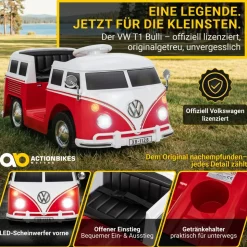 Kinder-Elektroauto VW T1 Camper Bus, Bremsautomatik, 3-5 km/h, Soft-Start, LED, Fernbedienung