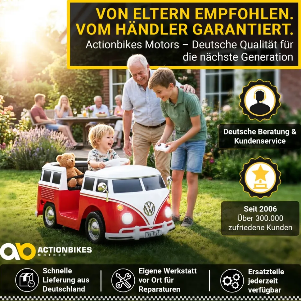 Kinder-Elektroauto VW T1 Camper Bus, Bremsautomatik, 3-5 km/h, Soft-Start, LED, Fernbedienung