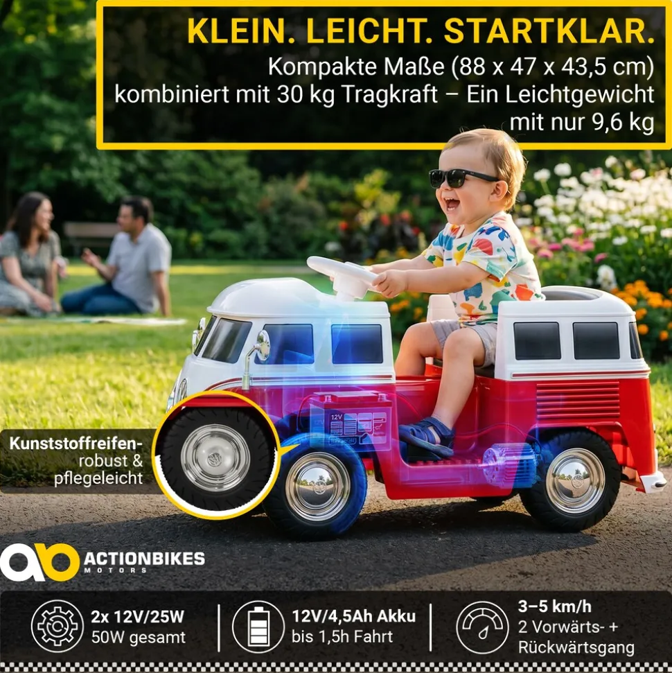 Kinder-Elektroauto VW T1 Camper Bus, Bremsautomatik, 3-5 km/h, Soft-Start, LED, Fernbedienung