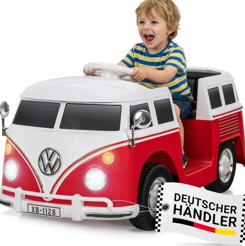 Kinder-Elektroauto VW T1 Camper Bus, Bremsautomatik, 3-5 km/h, Soft-Start, LED, Fernbedienung