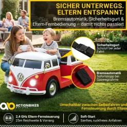 Kinder-Elektroauto VW T1 Camper Bus, Bremsautomatik, 3-5 km/h, Soft-Start, LED, Fernbedienung