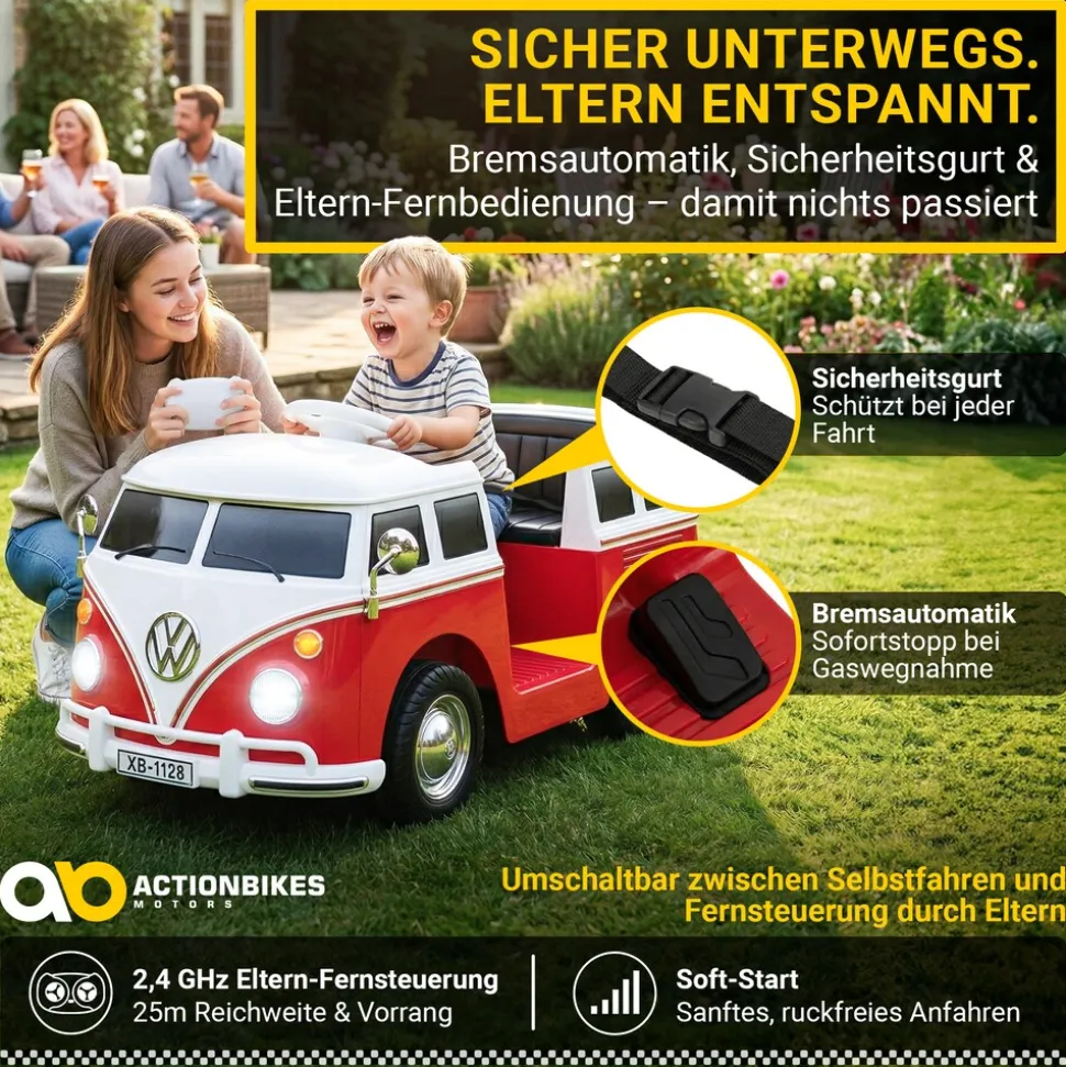 Kinder-Elektroauto VW T1 Camper Bus, Bremsautomatik, 3-5 km/h, Soft-Start, LED, Fernbedienung