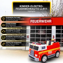 Kinder-Elektro-Feuerwehrauto LL911, 2-Sitzer, Sirene, Spritze, EVA-Reifen, 90 Watt, Fernbedienung