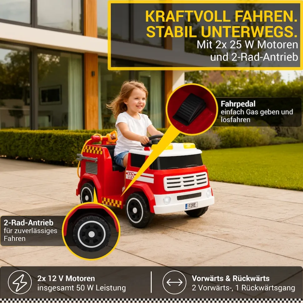Kinder-Elektro-Feuerwehrauto LF112, Wasserspritze, Sirene, Sprechanlage, Einsatzlicht, 50W, MP3