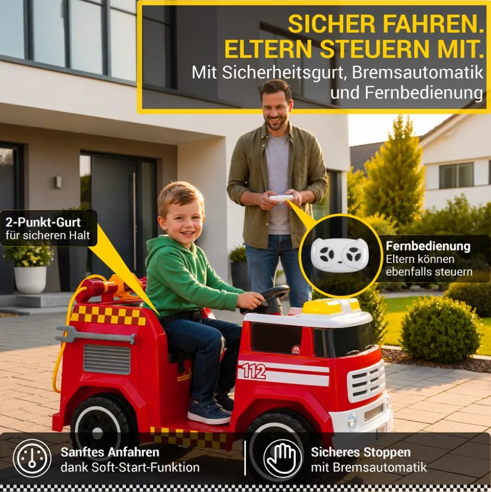 Kinder-Elektro-Feuerwehrauto LF112, Wasserspritze, Sirene, Sprechanlage, Einsatzlicht, 50W, MP3