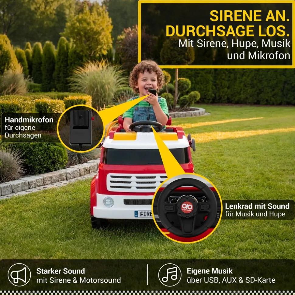 Kinder-Elektro-Feuerwehrauto LF112, Wasserspritze, Sirene, Sprechanlage, Einsatzlicht, 50W, MP3