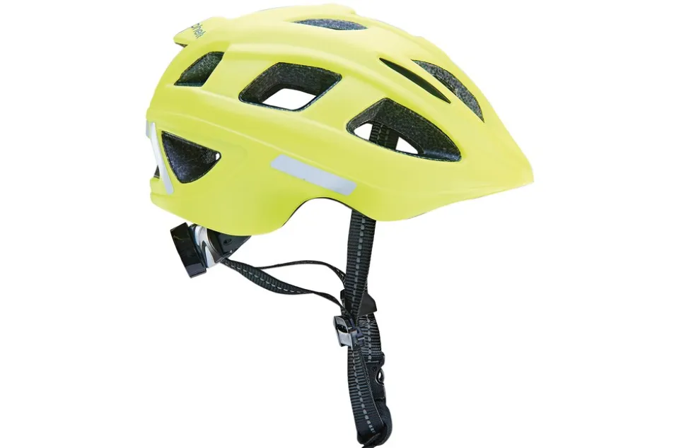 Kinder-Fahrradhelm, Inmold Technologie, mit LED-Licht, reflektierenden Gurbändern und 5 Reflektionsstreifen, Größe: 48-53 cm, Farbe: neongelb