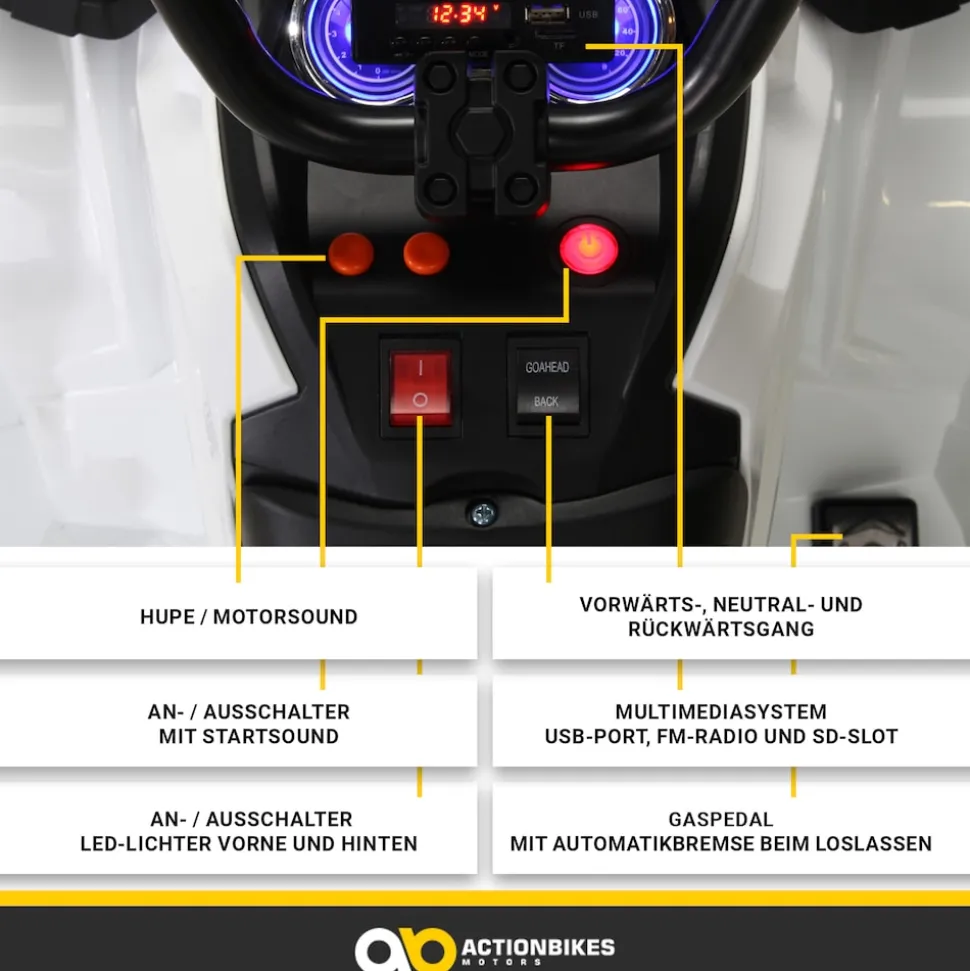Kinderquad Bumper, Kinder-Elektroauto mit Fernbedienung, 70 Watt, Stoßdämpfer, Bremsautomatik, LED (Weiß)